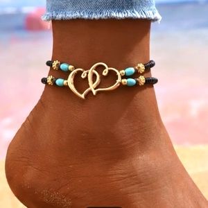 Anklet Bracelet Double Hearts Tiny Beads Black/Silver/Turquoise NWT